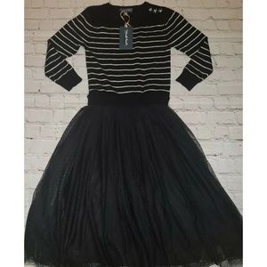 NWT Modcloth Sweater & Tulle Dress 3/4 Sleeved Black/White Stripe XXSmall